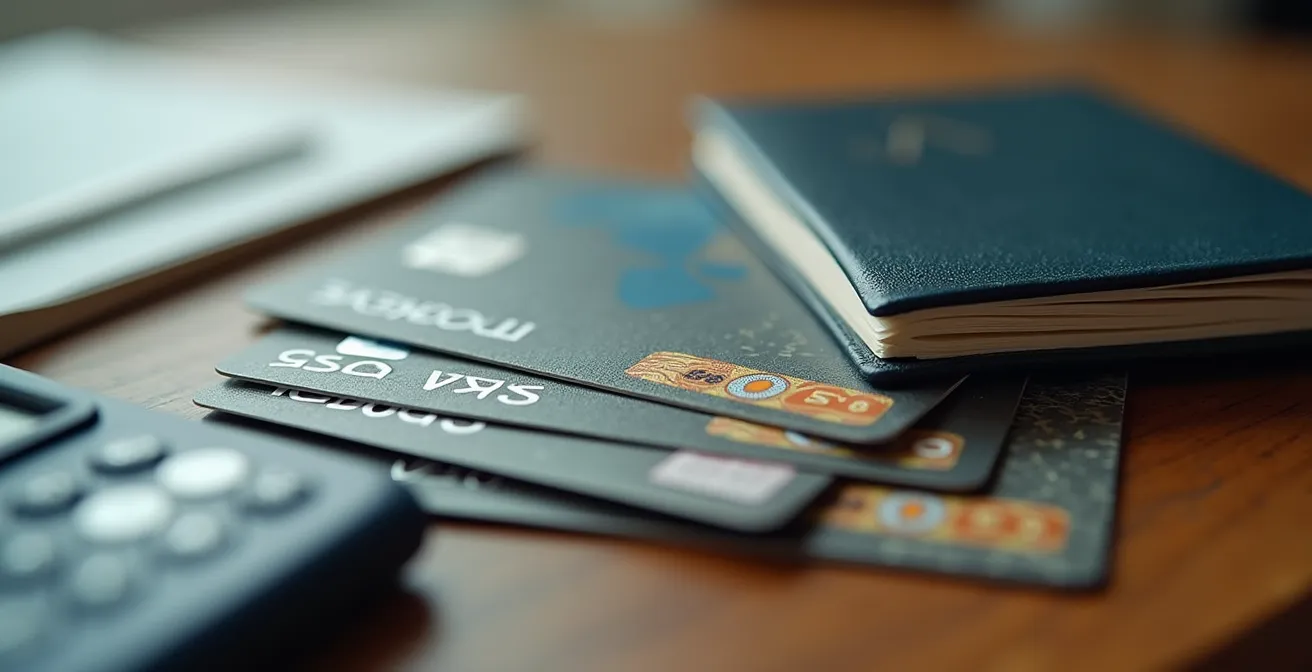 Table avec passeport, cartes bancaires et calculatrice pour préparation voyage